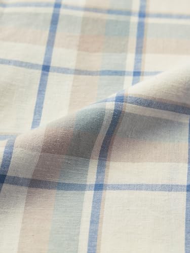 Image of The Souled Store: Blue Sails Men and Boys Long Sleeve Collared Neck Button Front Blue and Cream Checked Embroidered Regular Fit Cotton Linen Shirt