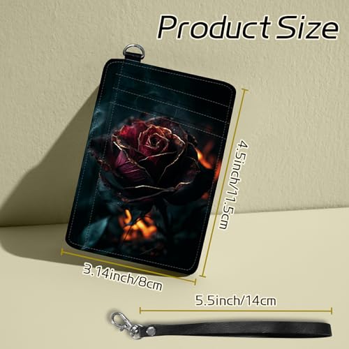 Image of Small Travel Wallets, Burning Rose Slim Minimalist Front Pocket Wallet with Wristlet, RFID Blocking PU Leather Credit Card Holder with ID Window Change Purse for Men Women