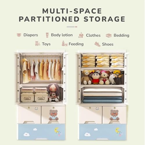 Image of Strassis Design Plastic Wardrobe for Kids| Almirah and Wardrobe for Baby Clothes| Modular Storage Cabinet with Wheel Organizer for Cupboard Rack for Clothes /Shoes /Books /Toy (Bear)
