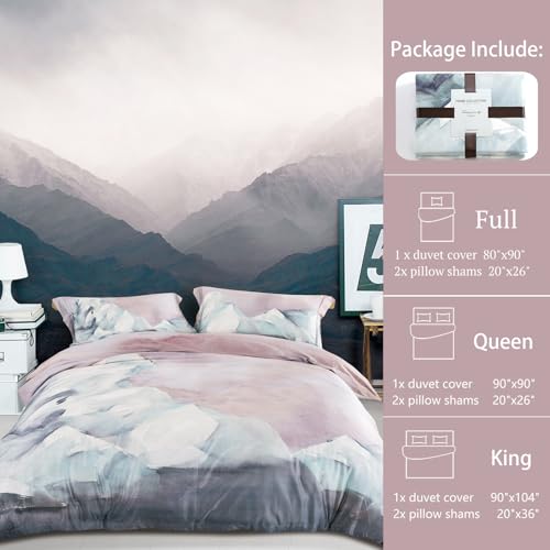 MILDLY 100% Long-Staple Cotton Duvet Cover Gray Pink Marble Pattern Comforter Cover Set 500TC Watercolor Abstract Reversible Soft & Breathable