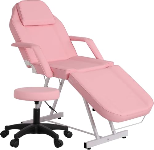 JINPALAY Lettino Da Massaggio Pieghevole 3 Zone con Sgabello Portatile Tavolo Massaggio in pelle PU Per salone FISIOTERAPIA ESTETISTA TATTOO TATUAGGI (Rosa)
