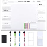 POPRUN 60×40cm Abwischbar Whiteboard Wochenplaner groß für die Wand,Selbstklebende Wandkalender für Magneten Memoboard Magnettafel für Küchen auf Deutsch mit 4 Whiteboard Marker und 1 Radierer