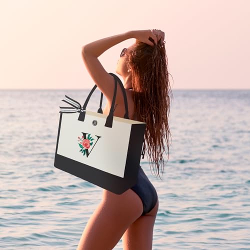 Image of Initial Canvas Tote Bag, Monogrammed Tote Bags Suitable for Mother's Day Wedding Beach