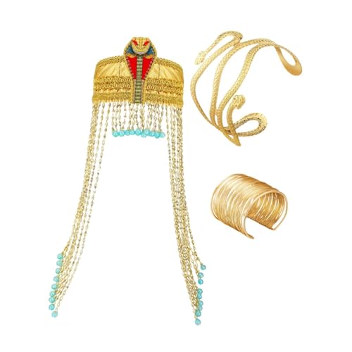 IOIUSKKU Ensemble Complet d'accessoires de Costume de Reine égyptienne Comprenant Un Bandeau, Un Brassard de Serpent, Bracelet doré et Casque de Cheveux en...