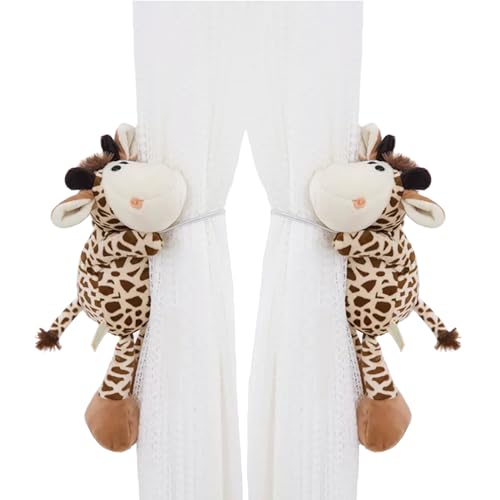 Vmogeicons Curtain Tiebacks, 1 Pair Cute Animal Curtain Holdbacks for Drapes, Buckle Hook Fastener Curtain Tie Backs Holder for Nursery Decor, Kids Bedroom Window Decorations (Giraffe)