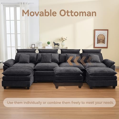 Image of 134'' Cloud Modern 4 Seater Couch with Detachable Headrest, Modular Sectional Sofa with 2 Ottoman, Oversized U Shape Chenille Comfy Sofa with Armrests for Living Room, Dark Grey