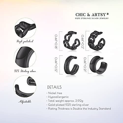 Sterling Silver No Piercing Black Ear Cuff Earrings Set - Adjustable Wide Lobe Viking Ear Cuffs For Women & Men