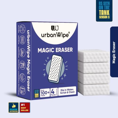 Image of UrbanWipe Magic Eraser Cleaning Sponge | Pack of 4 | Powerful Multi-Purpose Stain Remover | No Chemicals Required | Effortlessly Cleans Walls, Kitchens, Bathrooms, Shoes, Switch Boards & More