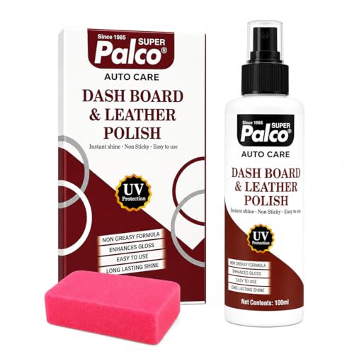 Image of PALCO Dashboard & Leather Polish 100ml with Sponge (Pack of 1) All in One Car Polish Spray Interior Cleaner, Restores Shine for Dashboard, Leather Seats & Panels Bike Polish for Shining