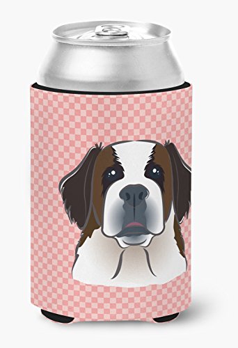 Caroline's Treasures BB1246CC Checkerboard Pink Saint Bernard Can or Bottle Hugger Cooler Washable Drink Sleeve Collapsible Beverage Insulated Holder, Can Hugger, Multicolor