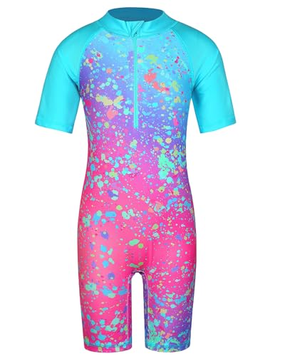 Image of TFJH E Short Sleeve Girls Swimsuits UV 50+ One Pieces Zipper 2-14Y | From beach vacations and pool parties to cruises and water parks, this colorful floral swimsuit is her summer favorite