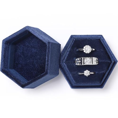 WantGor Velvet Jewelry Ring Box, 3 Slots Hexagon Ring Gift Box Ring Holder