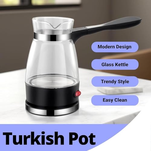 Image of Electric Glass Turkish Coffee Maker with 500ml Capacity and Long Handle - Black and Silver Base