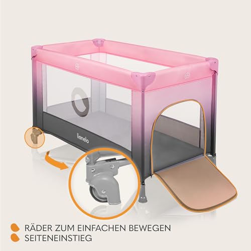 Lionelo Stefi Baby Kinderbett, Reisebett ab Geburt bis 15 kg, Seiteneingang, Sicherungssystem LockGuard, Blockade der Räder, Tragetasche, zusammenklappbar