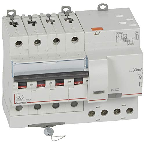 Legrand 411203 Disjoncteur différentiel monobloc DX³6000 10kA arrivée haute vis départ haut automatique, 4P, 400V, 63A typeAC, 30mA