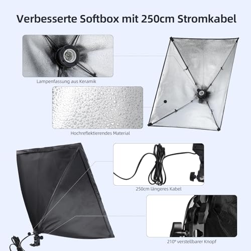 Softbox Fotostudio Set,FGen Fotolicht 2x50x70cm Beleuchtung für Fotostudios mit E27 Sockel 135W 5500K Fotolampe und 2M verstellbare Lichtstative für Studio-Porträts, Produktfotografie