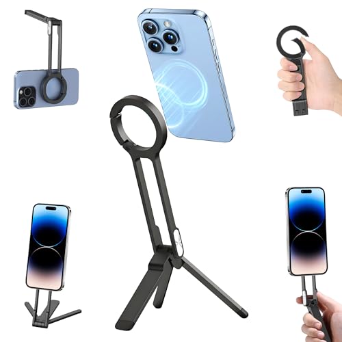 Acrebow 1PC Aluminum Alloy Phione Tripod, Carabiner Magnetic Phone Tripod for iPhone, 180° Rotation & Strong Magnet Magnetic Desk Mount Handle Holder for iPhone 12-17(Black)