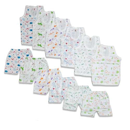 Baby Boy and Baby Girl’s Cartoon Print Sleevelees Soft Cotton Casual Vest Jhabla T-Shirt with Shorts Dress for Summer Wear Kids Infant Toddler New Born Baby Clothes Pack Of 6
