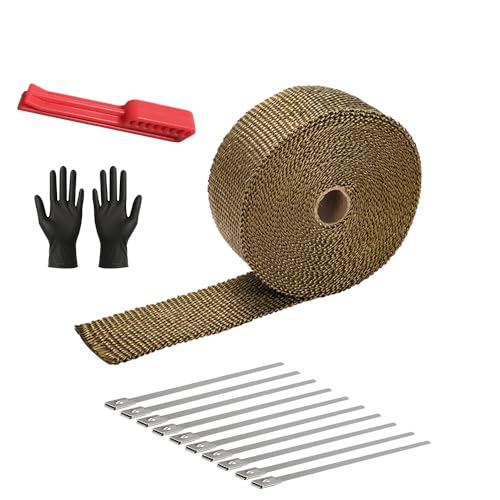 Exhaust Heat Wrap Roll 2 x 16 Titanium Fiberglass Heat Shield Tape 1 Rolls 5cm x 5m with 10pcs Stainless Ties and A Measure Tool for Motorcycle Car Truck