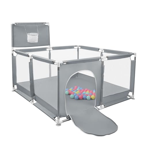 Laufstall Baby,Laufstall baby faltbar für Babys mit weichem,Baby Laufstalls mit Reißverschlusstür,Kinder laufgitter,inklusive 50 Bällen,4 X Zugringen,Leicht zu Reinigen (126x126x66cm Dunkelgrau)