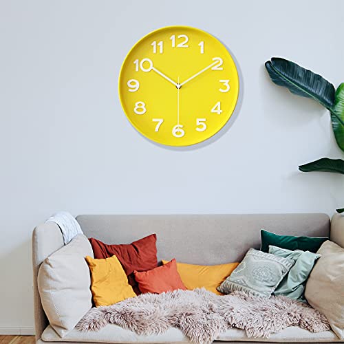 Image of HZDHCLH Wall Clocks for Living Room Bedroom Office Classroom Decor Small Silent Non Ticking Kitchen Wall Clock Battery Operated (Yellow)