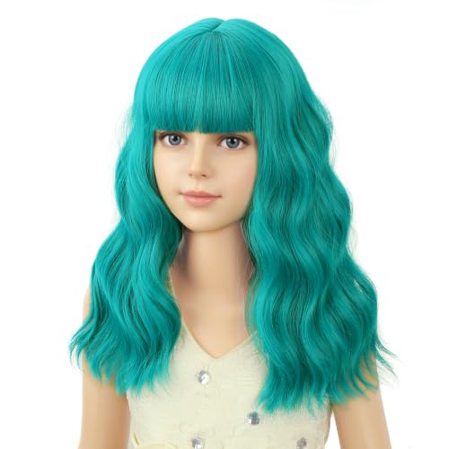 Image of PATTNIUM Blue Green Wig for Kids Girls Short Curly Wavy Wigs with Bangs Blue Green Shoulder Length Wavy Heat Resistant Synthetic Wig
