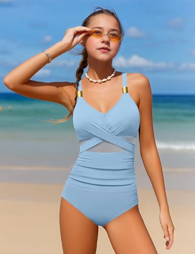 Image of Girls Swimsuit Criss Cross One Piece Swimsuits Wrap Tie Back Sheer Mesh Bathing Suit with Gold Metal Swimwear 9-16Y