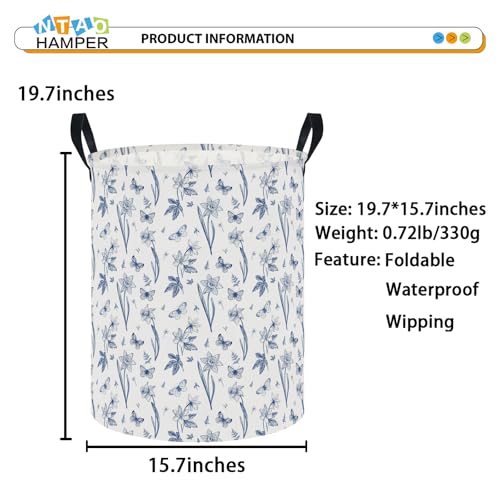 Image of 62L Blue Floral Butterfly Waterproof Laundry Hamper with Durable Leather Handle,Kids Collapsible Storage Basket for Nursery,Playroom, Bedroom(Indigo Flowers）