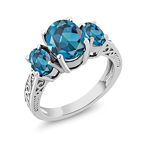 Gem Stone King 925 Sterling Silver London Blue Topaz Women's Engagement 3 Stone Oval Ring (2.80 Cttw, Gemstone Birthstone, Available in size 5, 6, 7, 8, 9)