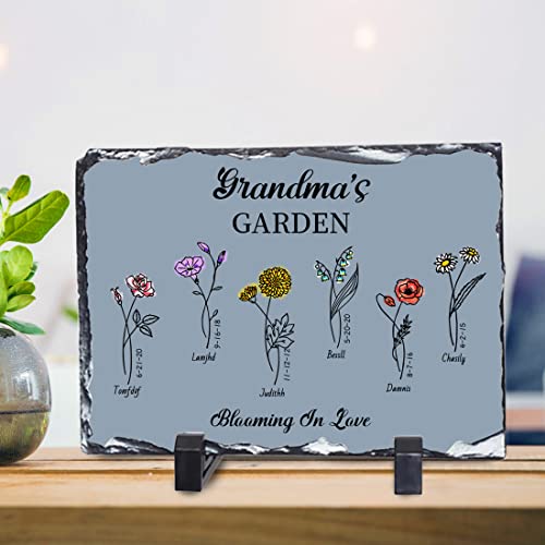 Personalized Garden Flower Stone Sign, Grandma's Garden Sign, Custom Birth Flower Grandkids Names Stone Plaque for Art Decor, Nana, Mimi, Gigi Gift For Mothers Day Grandparents Day Home Decor (Rectangular)