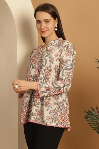 Image of Rajnandini Women's Pure Cotton Floral Printed Short Top (JOPLJPR763-XS White P)
