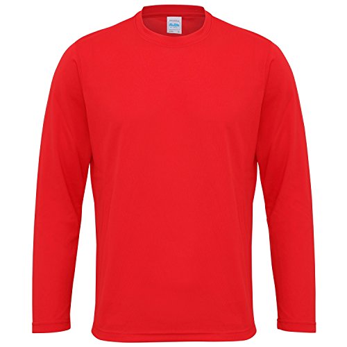 Just Cool Mens Long Sleeve Cool Sports Performance Plain T-Shirt (XL) (Fire Red)