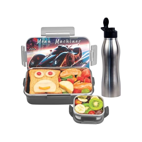Image of SIGNORA WARE Delight C Nugget Stainless Steel Printed Lunch Box Set for Kids | Airtight Lid with Clip Lock | Compact & Sleek Size | Great for Picnics & Outdoors (700ml + 130ml + 750ml Bottle | Grey)