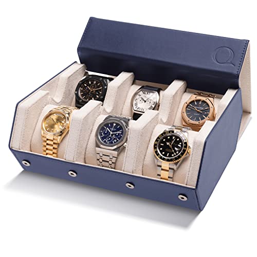 QWATCHBANDS Napa Leather Watch Case for Men - Watch Roll Storage Organizer & Watch Display - Six...