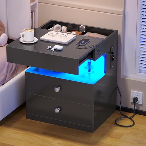 AOGLLATI Nachttisch mit Geheimfach,Nachtschrank mit Steckdose und LED-Beleuchtung Beistelltisch mit 2 Schubladen,1 Ausziehrega,1 Fach,Hochglanzoberfläch (1, Schwarz, 40x35x59cm)