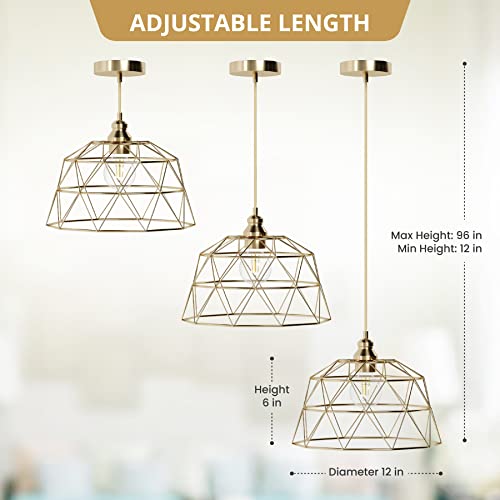 Retro Industrial Cage Pendant Adjustable Hanging Light, Etl Listed, 1-Light, Brushed Gold Iron Metal Shade With Matching Cord And Canopy, For Foyer Dining Room Kitchen Island Bedroom #TOP2