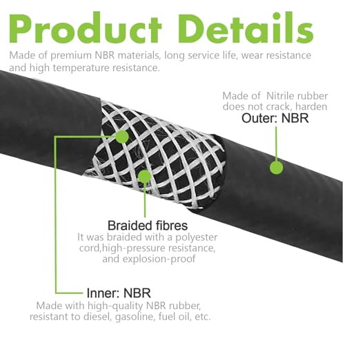 Image of Jeemiter 1 /2 inch ID (13mm) Fuel Line Hose 5FT - Heavy Duty SAE 30R7 NBR Rubber - Short Length High Flow Kit with 10 Clamps for Diesel Trucks, Marine, Tractor & Industrial Use