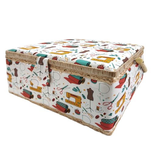 JYC CREATIVE Large Empty Wooden Sewing Box, Fabric Lined Sewing Box with 8 Compartments, Organizer with Pin