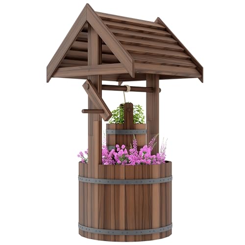 Outsunny Wooden Wishing Well Planter with Adjustable...