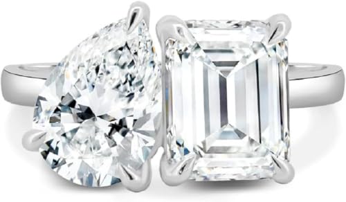 Amor Moissanite 5 TCW Emerald and Pear Cut Handmade Engagement Ring, TOI Et Moi Bridal Wedding Ring for Women, Anniversary Promise Gifts Her