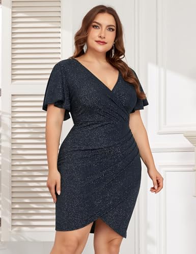 Image of ZOMVA Plus Size 0X-4X Sparkly Glitter Ruched Bodycon Mini Dress Sparkle Sequin Wrap Ruffle Sleeve Dress Cocktail Party Formal