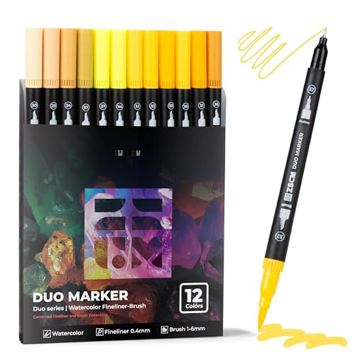 ZSCM Yellow Duo Tip Marker Pens, 12 Pack Fine &