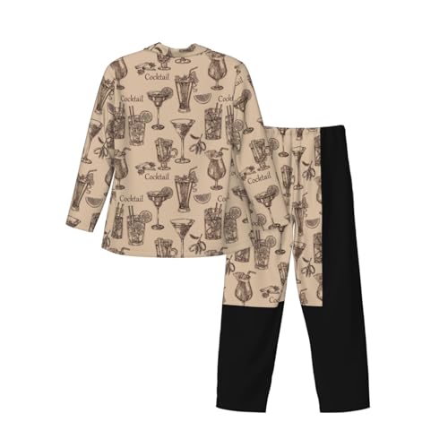 Vintage Hand Drawn Cocktail Mens Pajamas Set Button Down Sleepwear Set Long Sleeve Loungewear With Pockets4