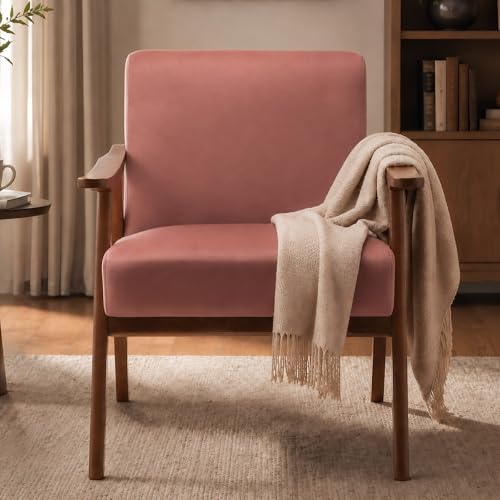 Anwick Mid-Century Accent Chair,Modern Living Room Chairs with Solid Wood Frame,Comfy Velvet Armchair Lounge Reading Chairs for Bedroom Office Small Spaces (Pink)