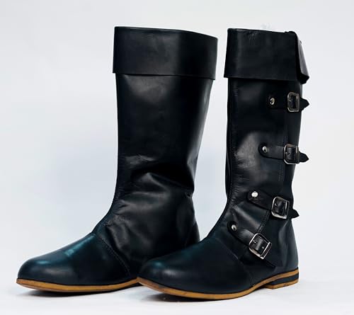 Medieval Leather Boots Mens Leather Shoes Black 4-Buckle Handmade Design Renaissance Design Fantasy SCA LARP Pirate Costume Reenactment Footwear Ren-Faire Footwear Cosplay Riding Shoes3