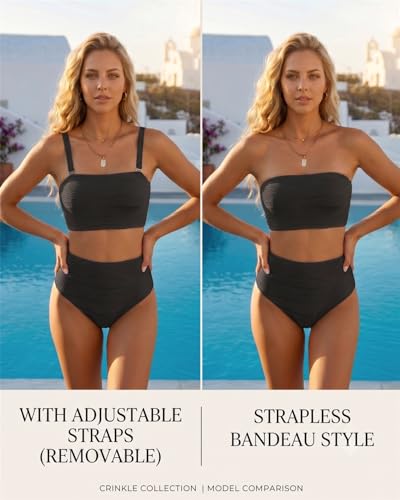 Image of High Waisted Bandeau Bikini Set - Women Strapless Two Piece Swimsuits Ribbed Longline Full Coverage Bathing Suits Swimwear