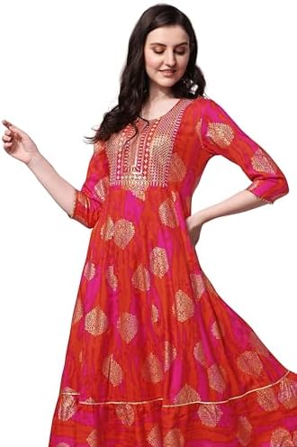 MIRCHI FASHION Women's Cotton Relaxed Fit A Line Sequins Embroidery Work Foil Printed A-Line Kurti Only