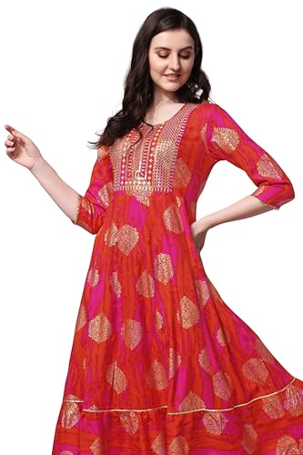 Image of MIRCHI FASHION Women's Cotton Relaxed Fit A Line Sequins Embroidery Work Foil Printed A-Line Kurti Only