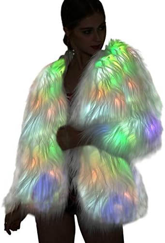 SZTOPFOCUS Led Fur Jacket For Women - Men Neon Light Up Coat White Glow Faux Fur Costume For Halloween Christmas Edc Rave Party Burning Man Outfit Clothing