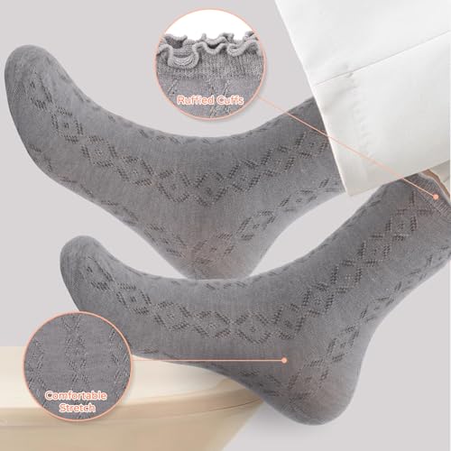 8 Pcs Ruffle Mesh Crew Socks for Women, Breathable Knit Pattern Frilly Socks (US 5-9)2